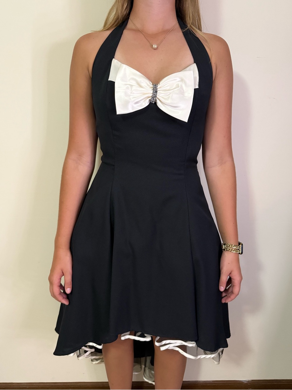 Black Halter Dress with Ivory Bow Accent